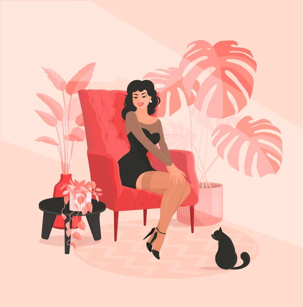 Femme Élégante Robe Noire Est Assis Dans Une Chaise Rouge — Image vectorielle