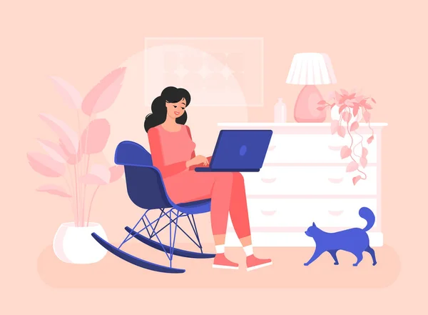 女の子のフリーランサーはラップトップで椅子に座っています 夜間に自宅で効率的かつ生産的な仕事 フラット漫画スタイルでカラフルなベクトルイラスト 国内猫 近代的なインテリア — ストックベクタ