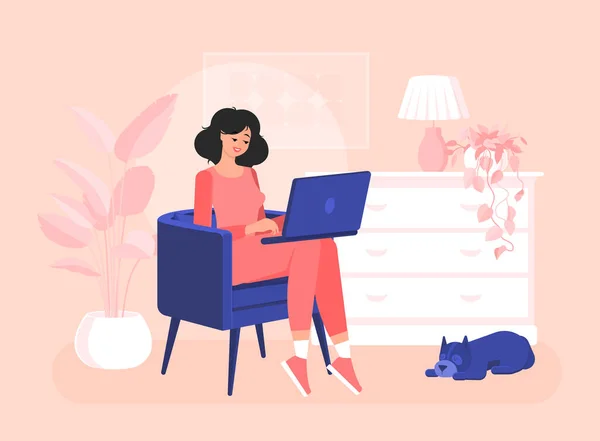 女の子のフリーランサーがノートパソコンを持って椅子に座っている 家庭で効率的かつ生産的な仕事 フラット漫画スタイルでカラフルなベクトルイラスト 国内犬 近代的なインテリア — ストックベクタ