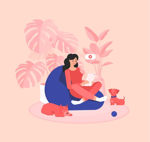 Freelancer Girl Est Assis Dans Une Chaise Sac Haricot Avec — Image vectorielle