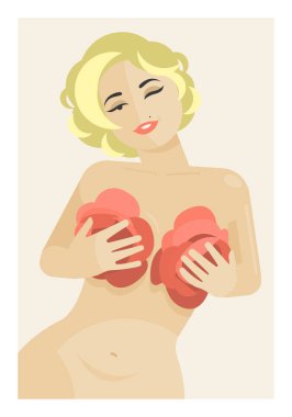 Sarı saçlı bir kız göğsünü güllerle örtüyor. Göz kırp ve gülümse. Marilyn Monroe ilham verdi. Vektör düz resimleme.