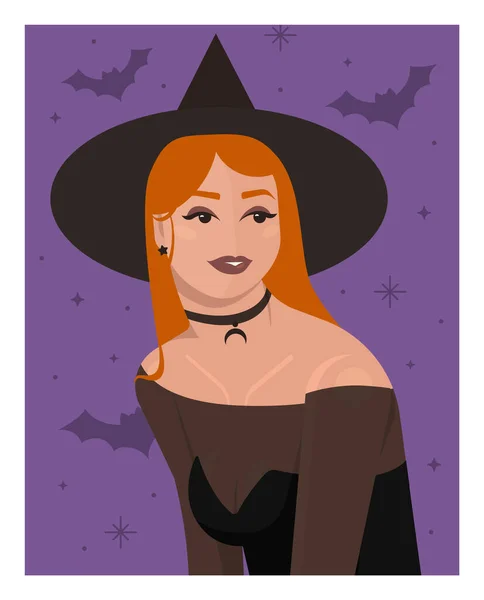 Chica Con Pelo Rojo Traje Sombrero Bruja Fiesta Halloween Contexto — Vector de stock