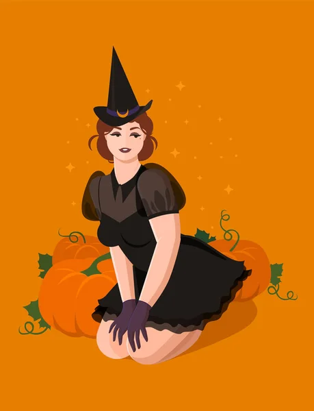 Meisje Een Heksenkostuum Hoed Halloween Vakantie Rond Liegende Pompoenen Platte — Stockvector