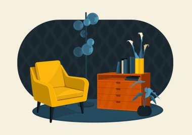 İskandinav tarzı iç düz vektör renkli çizim parçası. Koltuk, içinde nilüferler ve kitaplar olan çekmeceler, eski tarz lamba.. 