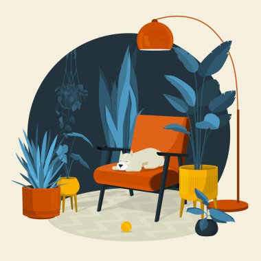 İskandinav tarzı iç düz vektör çizimi. Uykulu köpekli kırmızı koltuk. Modern zemin lambası ve halı. Farklı ev bitkilerinin etrafında.. 