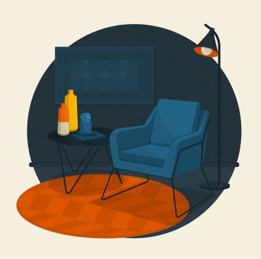 İskandinav tarzı iç vektör parçası. Bir sehpanın ve modern yer lambasının yanındaki koltukta. Yuvarlak halı. Duvardaki geometrik desen.