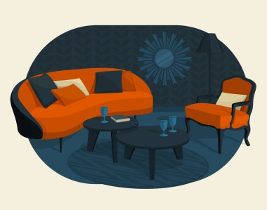 İskandinav tarzı iç vektör parçası. Ekose ve yastıklı kanepe. Koltuk, lamba ve cam bardaklı kahve masası. Duvarda sanat deco tarzı bir ayna var..