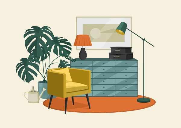 Fragmento Ilustración Vector Plano Interior Estilo Escandinavo Sillón Cómoda Con — Vector de stock