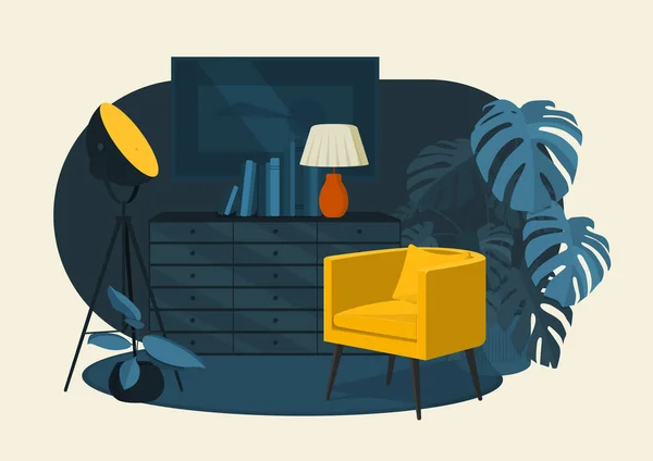 Σκανδιναβικό Στυλ Εσωτερικό Επίπεδο Διάνυσμα Εικονογράφηση Θραύσμα Καρέκλα Κίτρινη Συρταριέρα — Διανυσματικό Αρχείο