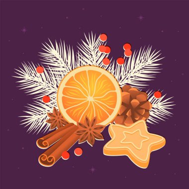 Portakal, tarçın çubuğu, anason çiçeği, kozalak ve Noel kurabiyesi. Yılbaşı ağacı dalları. Düz vektör illüstrasyonu.