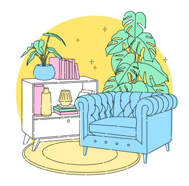 İskandinav tarzı iç taslak vektör parçası. Bir sehpanın yanındaki koltukta modern tarzda kitaplar ve vazolar var. Yuvarlak halı ve daire şeklinde. Canavar bitkisi..