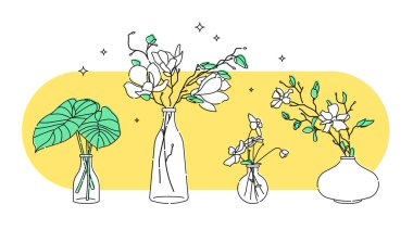 Vektör elementleri. Bitkileri, yaprakları, çiçekleri olan cam vazolar. Ev dekoru. Modern tarz. Çizgi darbesi genişletilmedi.