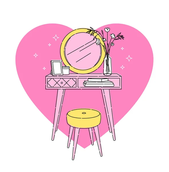 北欧モダンなスタイルの大きなラウンドミラーで化粧テーブル 近くにはピンク色のハート型に刻まれた花の椅子や室内花瓶があります フラットアウトラインベクトルイラスト — ストックベクタ