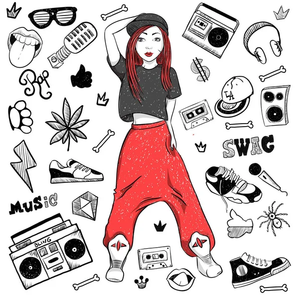 Atlético Hip Hop Chica Con Rap Doodle Elementos En Cap, Pantalones Anchos, Zapatillas de deporte. Ilustración vectorial hecha a mano — Vector de stock