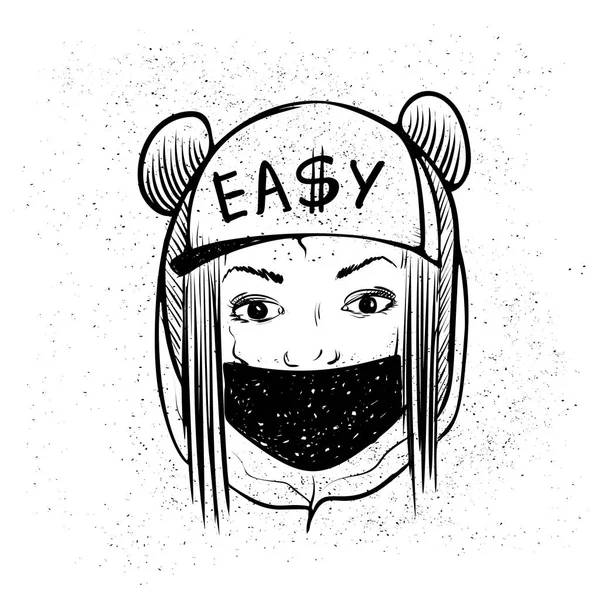 Jolie jeune fille du rap urbain. Oeuvre de Lady Vector. Doodle art isolé sur fond blanc. Illustration émotionnelle du visage. Illustration émotionnelle du visage . — Image vectorielle