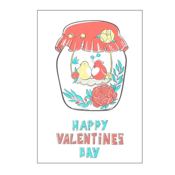 Pattern Birds in love in jar decorated with flowers. Beautiful vector cute greeting card — Stock Vector