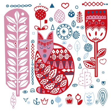 İskandinav tarzı. Fox ve orman çiçekler. Nordic süsler, halk desen. illüstrasyon