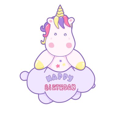 Kawaii illüstrasyon şirin tek boynuzlu at. Beyaz arka plan üzerinde izole masal yaratığı, pembe kıvırcık saçlı, karikatür hayvan küçük resim,.