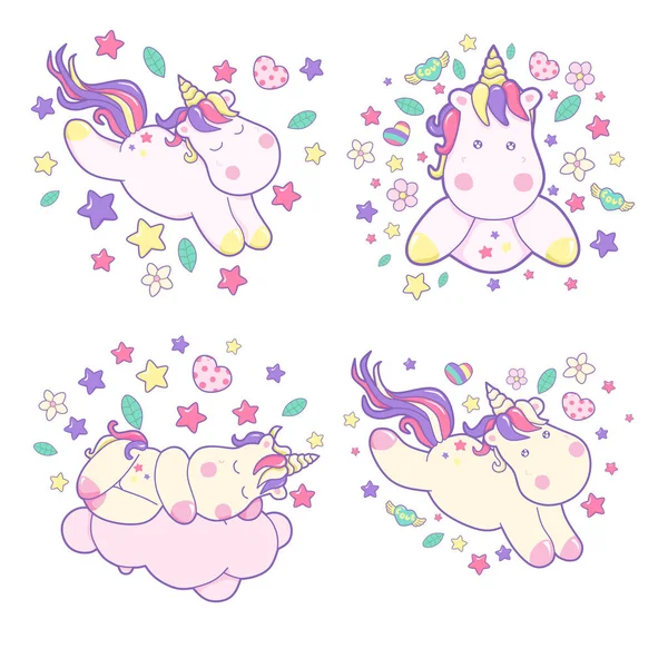 Kawaii Vector Ilustración Lindo Unicornio Criatura Cuento Hadas Pelo Rizado — Vector de stock