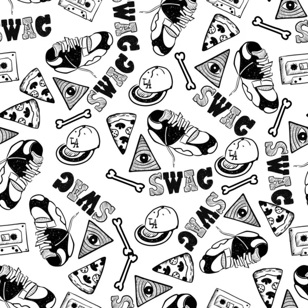 RAP hand drawn doodle seamless pattern. Sketches. Vector illustration for design and packages product. Symbol collection.