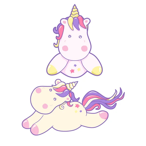 Kawaii Vector Ilustración Lindos Unicornios Criatura Cuento Hadas Pelo Rizado — Vector de stock