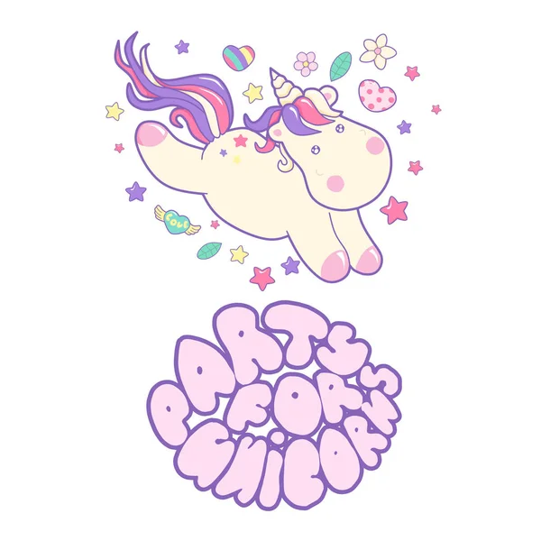 Letras Fiesta Unicornio Dibujadas Mano Como Logotipo Insignia Tapa Pastel — Archivo Imágenes Vectoriales