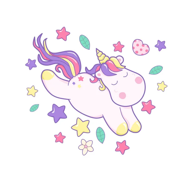 Kawaii Vector Ilustración Lindo Unicornio Criatura Cuento Hadas Pelo Rizado — Vector de stock