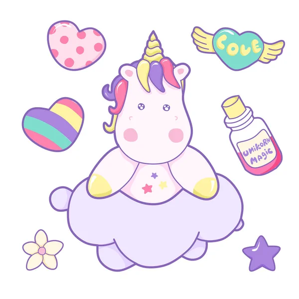 Kawaii Vector Illustration Cute Unicorn Fairy Tale Creature Pink Curly — Stock Vector