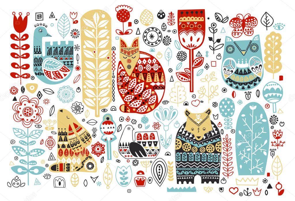 Nordic animals and floral folk elements in Scandinavian style. Swan, Owl, Fox, Bear, Hare