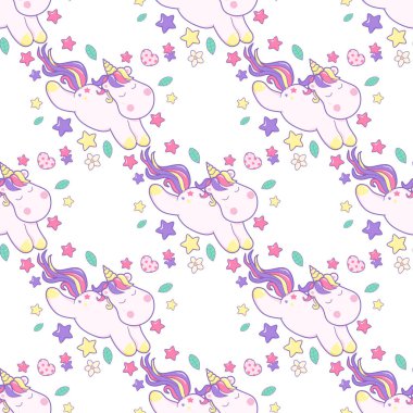 Küçük Kawaii tek boynuzlu atlar, sinek, rüya, hassas renklerde seamless modeli