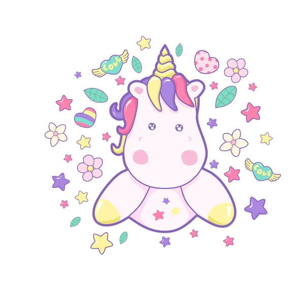 Kawaii Vector Illustration Cute Unicorn Fairy Tale Creature Pink Curly — Stock Vector