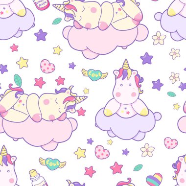 Küçük Kawaii tek boynuzlu atlar, sinek, rüya, hassas renklerde seamless modeli