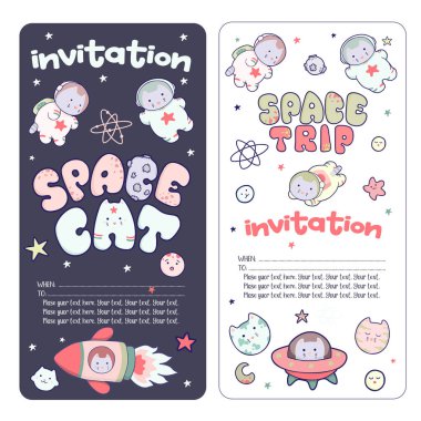 Sevimli uzay el ilanı, davet, afiş, şablonla Japon kawaii kedi gezi alanı ve kozmik öğeleri kümesi.