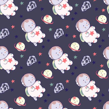 Kawaii kedi astronot uzay seamless modeli içinde. Vektör çizgi film Kiralama. Düzenlenebilir vektör çizim.