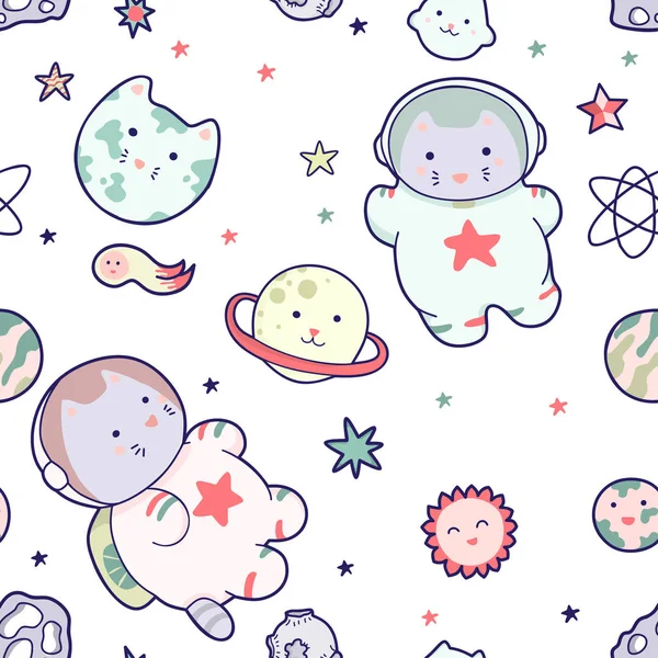Kawaii cat astronaut in space seamless pattern. Vector cartoon charters. Editable vector illustration.