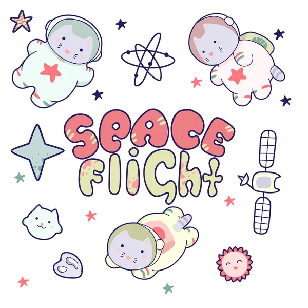 Kawaii lindos gatos astronautas volando en el espacio, entre los planetas y la inscripción de letras Space Flight — Vector de stock