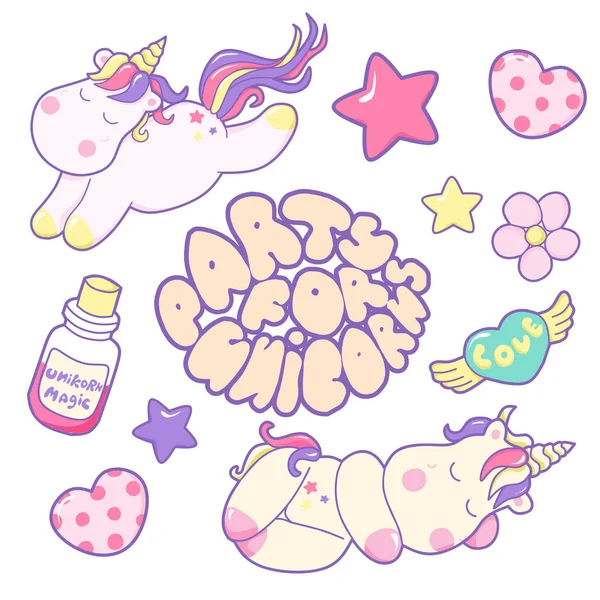 Welcome Unicorn Party text isolated on pastel colored background. and different magic elements — Stock Vector