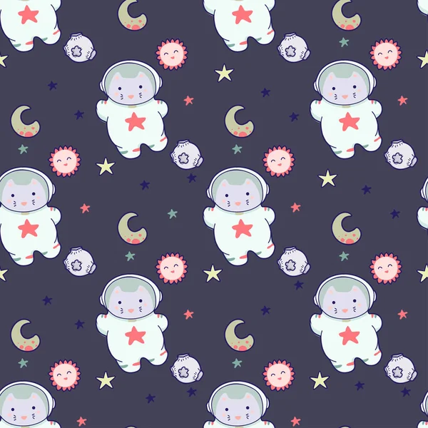 Kawaii cat astronaut in space seamless pattern. Vector cartoon charters. Editable vector illustration.