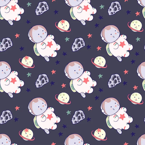 Kawaii cat astronaut in space seamless pattern. Vector cartoon charters. Editable vector illustration.