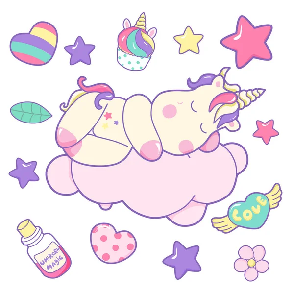 Kawaii divertido helado con cuerno de unicornio, orejas y diferentes elementos mágicos. Ilustración vectorial dibujada a mano . — Vector de stock