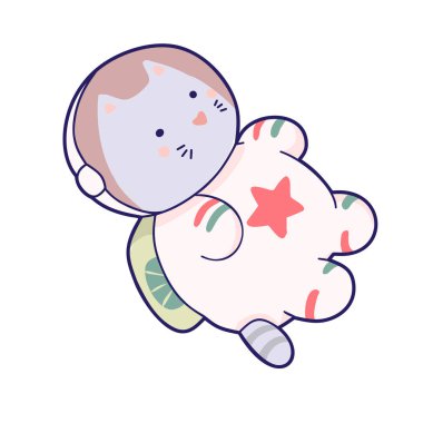 Şirin kawaii kedi uzayda seyahat eder. Vektör komik hayvanlar küçük resim.