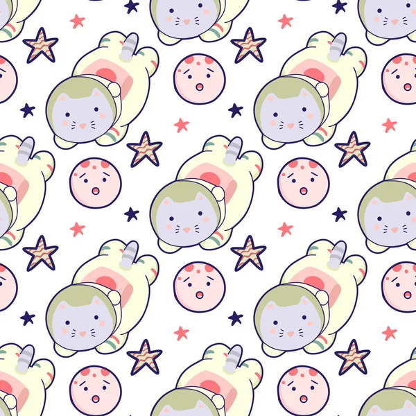 Kawaii cat astronaut in space seamless pattern. Vector cartoon charters. Editable vector illustration.