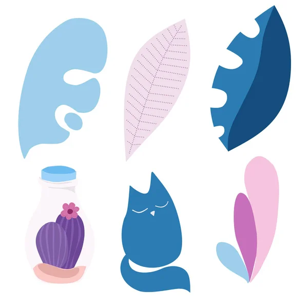 Σετ αφήνει γάτα κάκτων σε παστέλ χρώματα — Διανυσματικό Αρχείο