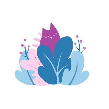 Kedi çalıların huzur içinde soyut Illustration düz stilde uyku