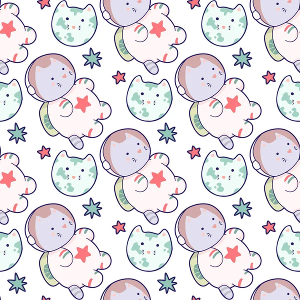 Kawaii cat astronaut in space seamless pattern. Vector cartoon charters. Editable vector illustration.