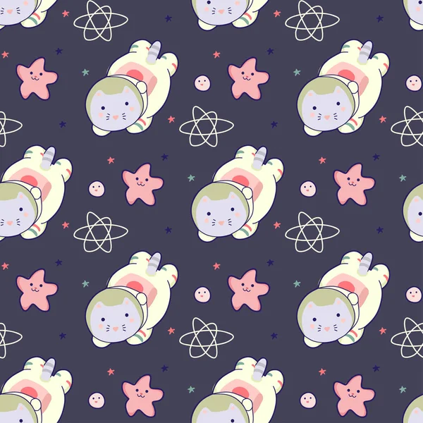 Kawaii cat astronaut in space seamless pattern. Vector cartoon charters. Editable vector illustration.
