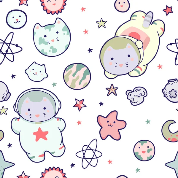 Kawaii cat astronaut in space seamless pattern. Vector cartoon charters. Editable vector illustration.