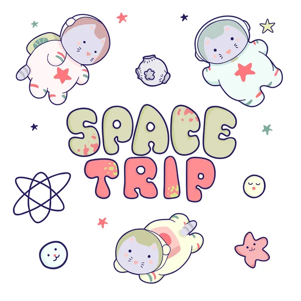 Kawaii lindos gatos astronautas volando en el espacio, entre los planetas y la inscripción letras viaje espacial — Vector de stock