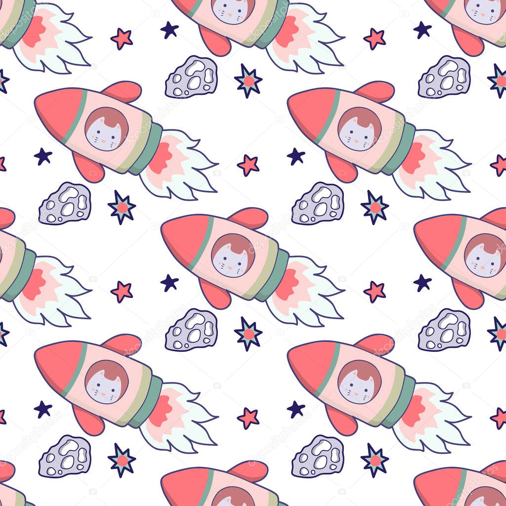 Japanese kawaii cat travels in space seamless pattern. Vector funny animals clip art.