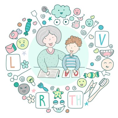 Kavramı konuşma terapisi logosunu görmeniz gerekir. Okul konuşma geliştirme. Konuşma terapisti ve sevimli kawaii simgeler kümesi sınıfları. Evreleme sesler. Çocuk karikatür tarzı resimde vektör